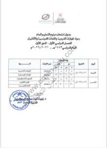 جدول اختبارات الثاني عشر سلطنة عمان 2022