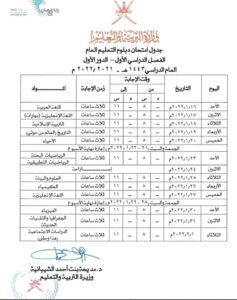 جدول اختبارات الثاني عشر سلطنة عمان 2022